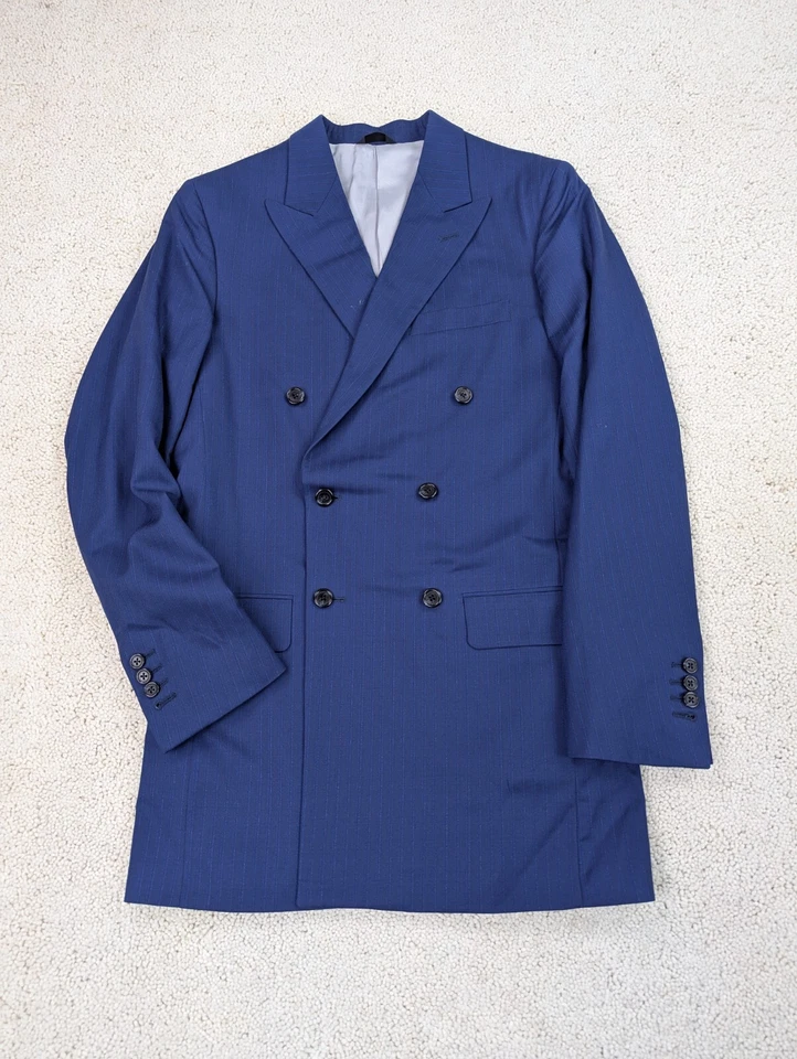 Suit Mens 40L 32x33 Blue Pinstripe Wool 2 Piece Jacket Pants Double Breasted USA - Image 2 of 4