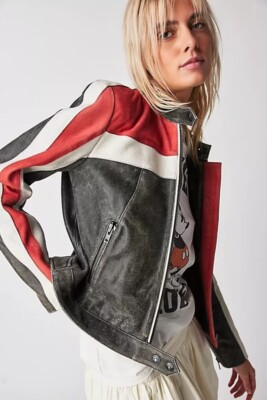 Women Distressed Cafe Racer Biker Jacket | Handmade Real Leather Striped Jacket
