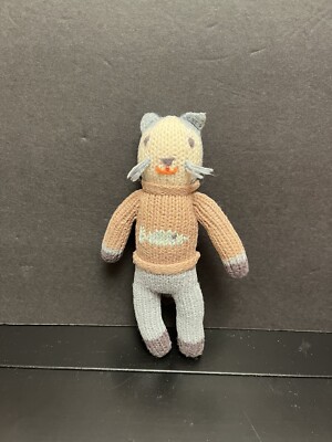 Blabla Sardine Cat Kitty Rattle Hand Knit Rag Doll Plush Blue Brown 7  Small