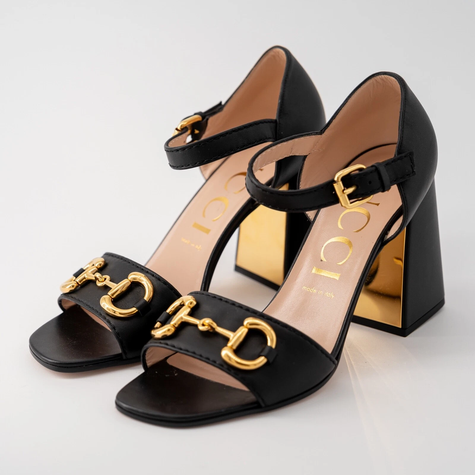 taille 41G   Gucci sandales noir or Horsebit talons cuir cheville bride