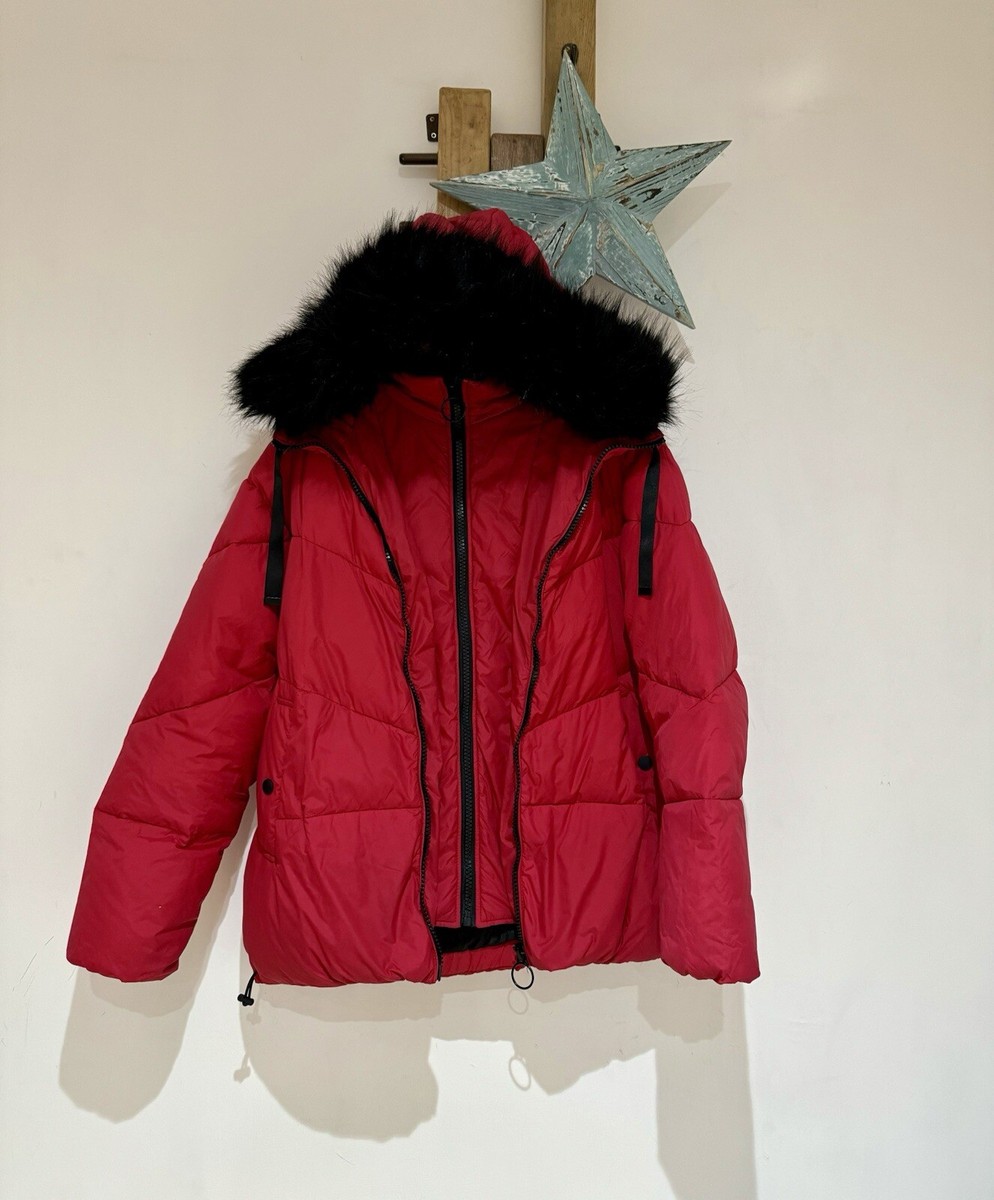 River Island Red Full Short Fur Trim Winter Puffer Coat Double Zip