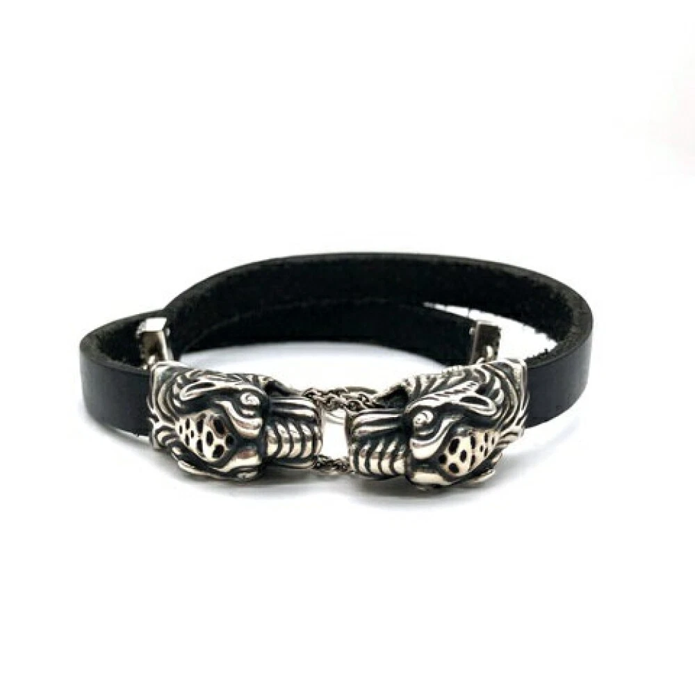 GUCCI Tiger Head Bracelet Black Leather Sterling Silver Bangle eBay