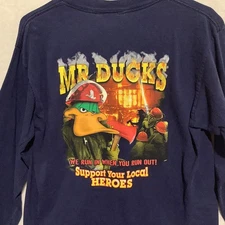VTG MR Ducks Double Sided Long Sleeve Graphic Tee Shirt Firefighter Men's M 90s