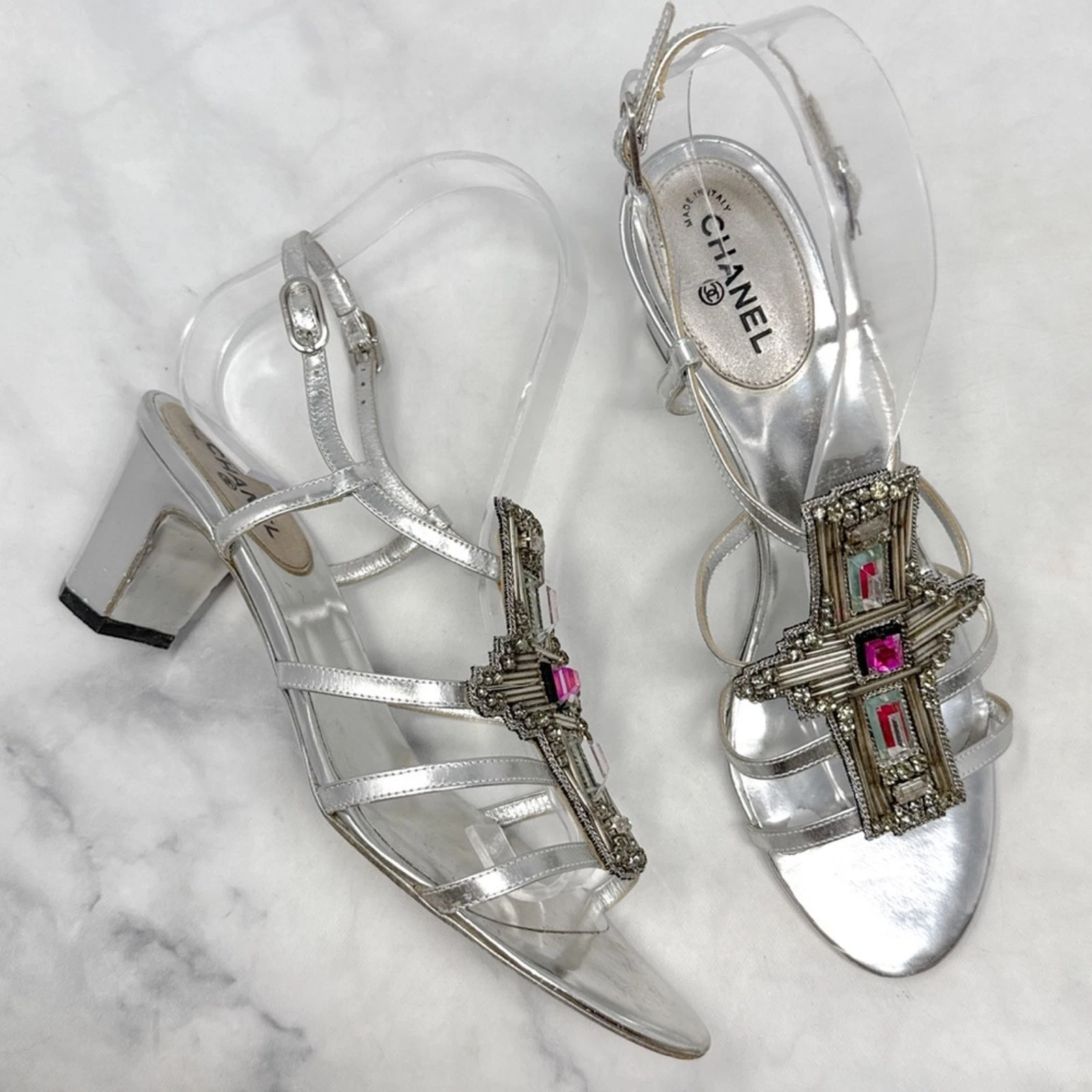 CHANEL Vintage CC Coco Mark Strass Basso Medio Pelle Sandalo Tacchi Argento 37 5
