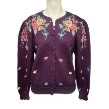 VTG Herman Geist Sweater Large Cardigan Floral Hand Embroidered Grandma Core L