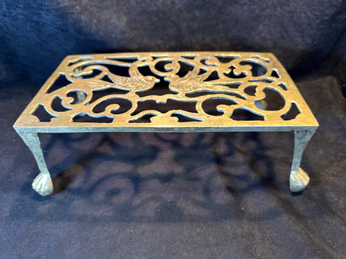 Vintage Brass Fireside Kettle Rest Trivet with Birds, Ball Claw Feet