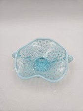 Small Vtg Fenton Blue Opalescent Hobnail Double Handled Bon Bon Dish