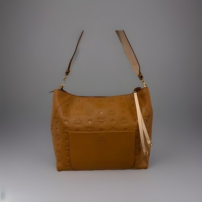 Authentic MCM Klara Med Hobo   Cognac Embossed Leather w/ Reversible Pink Strap