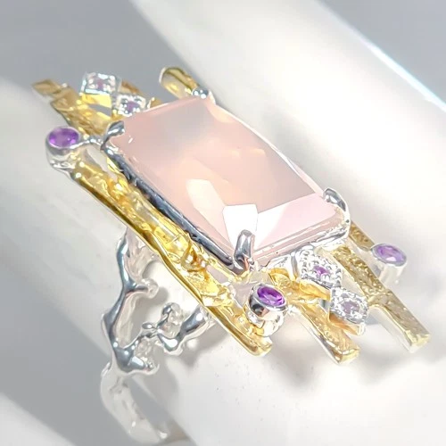 Anillo de cuarzo rosa natural de 24 quilates Fine Art de plata de ley 925 tamaño 7,5/R437982 Foto 3 de 4