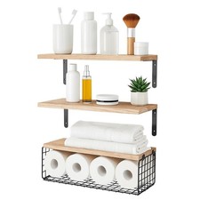 Set of 3 Rustic Wooden Bathroom Shelves with Wire Storage Basket Wall Shelf