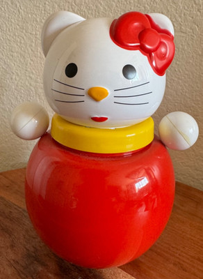 Stellar Vtg Roly Poly Tumbler Crib Rattle Cat Kitty Bow Red Yellow EUC European