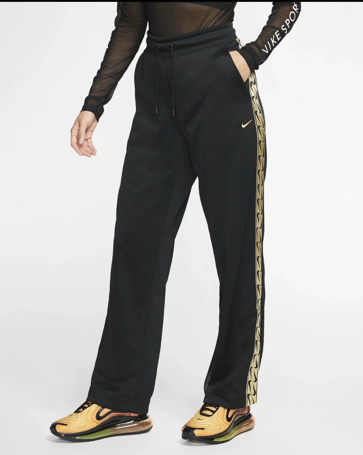Nike Sportswear Womens Logo Open Hem Pants Drawstring Black-Metallic Gold-Size S