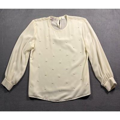 Chaus Vintage Pearl Beaded Blouse Top Ivory Cream Long Sleeve Size 6