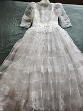 Vintage 1960s Lace Wedding Dress with Veil   High Neck, Puff Sleeves, Full Skirt