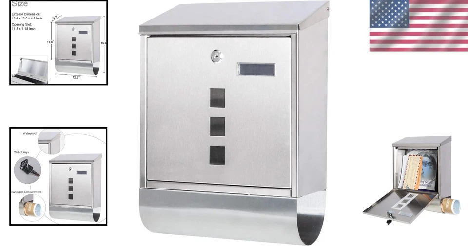 Stylish Stainless Steel Mailbox with Newspaper Compartment - Image 2 of 4