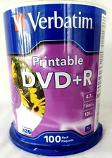 100-pk Verbatim White Inkjet Printable DVD+R - Non-Hub 16x 4.7GB 120 mins #96575