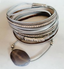 Grey Faux Leather Cord Wrap Bracelet Crystal Stone Accents G11