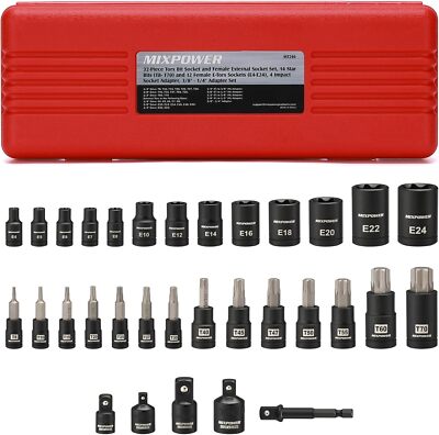 MIXPOWER 32PCS Torx Bit Socket Set, 14 Star Bits (T8-T70)& 13 E-Torx Sockets