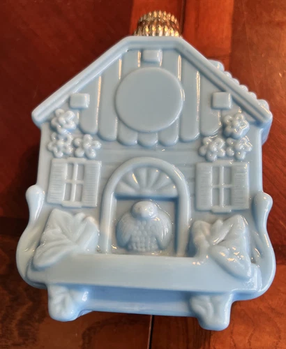 Vintage Avon Blue Bird House Perfume Bottle, Blue Milk Glass Cologne, 1/2 Full