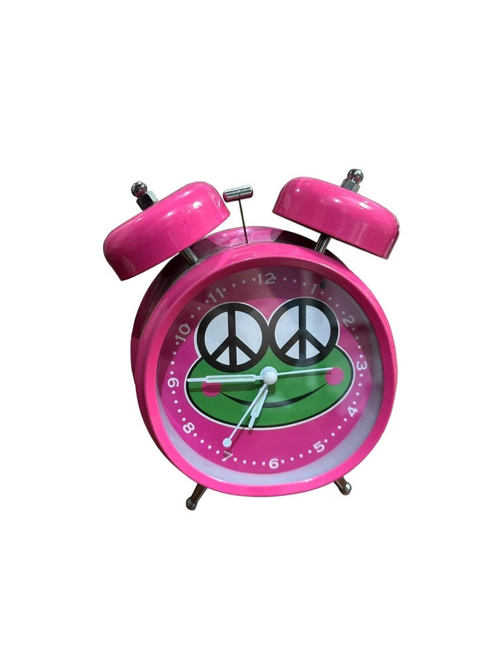 Hot Pink Alarm Clock With Green Frog Peace Eyes Analog Battery Operated Bell Top - Image 3 of 4