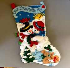 Handmade Bucilla Felt Appliqu  Christmas Stocking SNOWMEN YOUR LOVE MELTS HEART