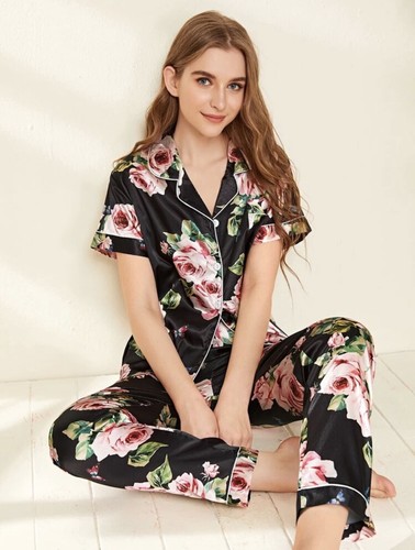 Women's Satin Floral Print PJ Set Black Size~ S NWT - Picture 1 of 4
