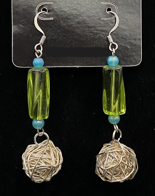 Handmade Wire Wrap Ball with Green Glass & Aqua Bead Earrings by Neanie-Bot