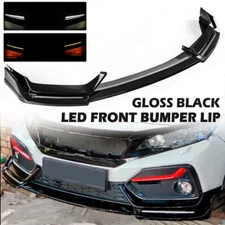 FOR 17-21 HONDA CIVIC Si & HATCHBACK BLZ STYLE GLOSS BLACK LED FRONT BUMPER LIP