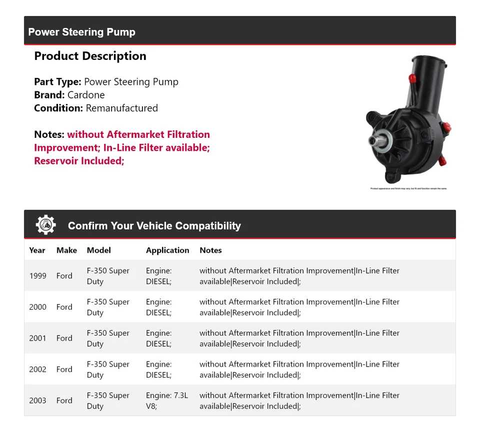 Насос гидроусилителя руля Cardone 2000 2001 2002 для Ford F-350 Super Duty 1999-2003 годов выпуска - Изображение 2 из 4