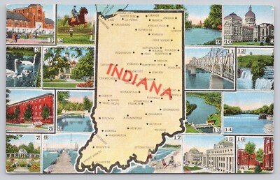 Indiana State Map Key Views Linen Postcard Unposted