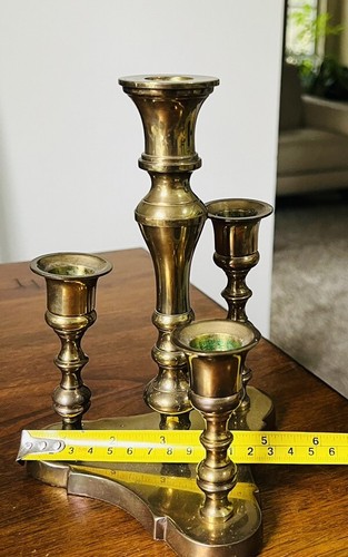 Vintage Heavy Shiny Brass 4 Piece Adjustable Candle Triangle Candelabra 8” H - Picture 8 of 9