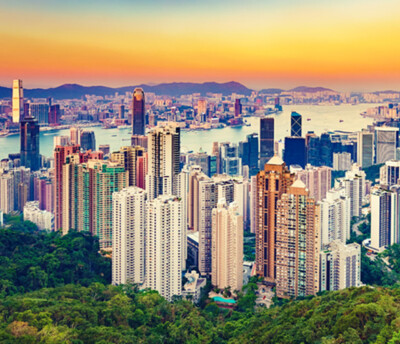 Wandbild: Skyline von Hongkong bei Sonnenuntergang. Blick vom [...]