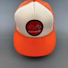 Vintage 80s Corvette Racing Hat Trucker Cap Size M/L Orange Mesh Checkered Flag