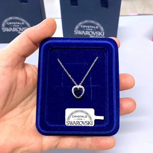 Collana Cuore Blu Notte Catenina pl. oro Bianco 18k con Cristalli Swarovski S/10 - Foto 2 di 4