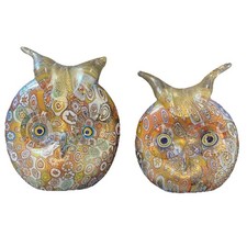 2 Vintage Murano Millefiori Glass Owls Italy Art Glass Adventurine