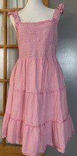 Vtg 90s J. Crew Smocked Tiered Midi Dress Sz L Pink White Stripes Ruffles Boho