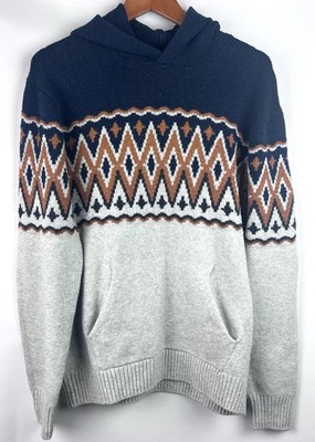 Old Navy Cozy Print Super Soft Hooded Blue Oatmeal Gold Sweater Men's Sz. S