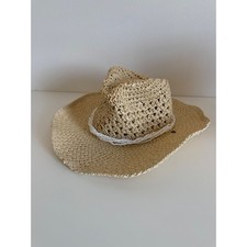 Woven Straw Cowboy Hat with White Seed Bead Band Tan Boho Beach Sun Hat