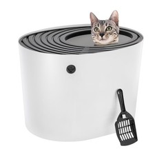 IRIS Top Entry Cat Litter Boxwith ScoopStylish Round Enclosed Design,White/Black