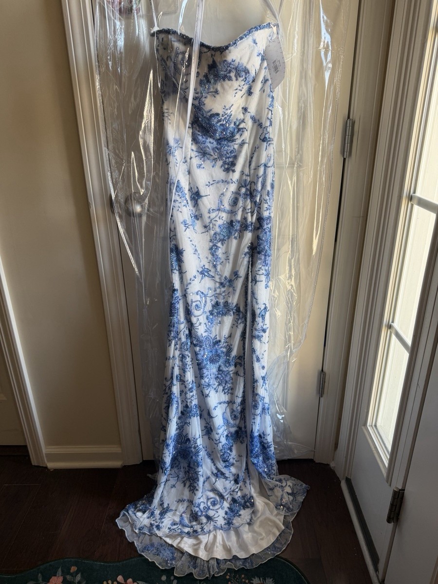 blue and white floral sherri hill dress 57254 Ivory Beaded Mermaid Tulle Size 2 Size:US28 Basque Silhouette LC_Bestsellers & Other Stories bias