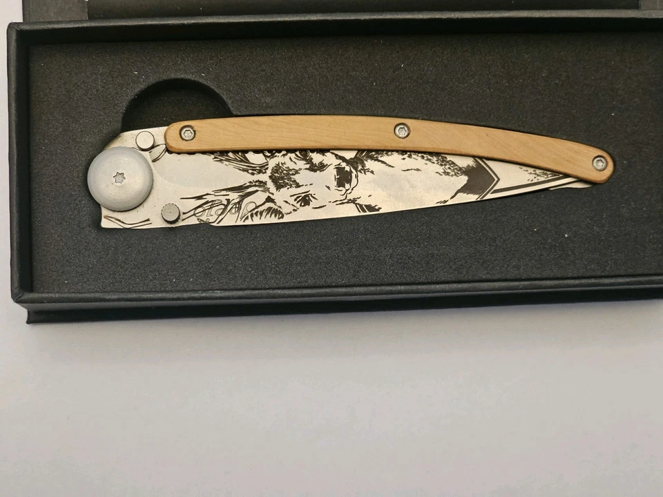 Deejo Serrated 37g Handmade Knife - Grafted Titanium, Juniper Wood Handle - NEW - Image 3 of 4