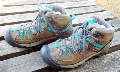 KEEN Targhee II Mid Leather Waterproof Hiking Boots Womens Size 8.5 Brown Teal