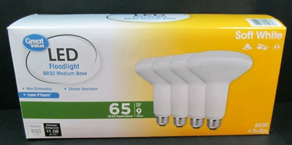 Great Value LED Light 4 Bulb 9W 65W Equivalent BR30 Floodlight Lamp SoftWhite - Image 4 of 4