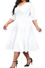 CLOCOR Women's Plus Size Midi Dress 3/4 Sleeve A-Line Swing Dress V Neck Flow...