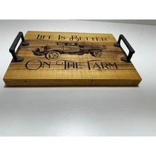 Primitive Farmhouse Rustic Wood Decorative Serving Tray With Iron Handles 