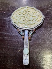 Rare Antique/ Vtg. Large Chinese HK Export Jade Mirror, Sterling Silver Cover