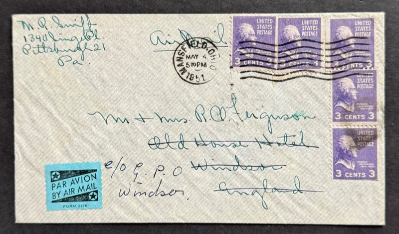 AtoZ. 1951 3c Prexies Booklet Singles 15c Airmail Ohio to England