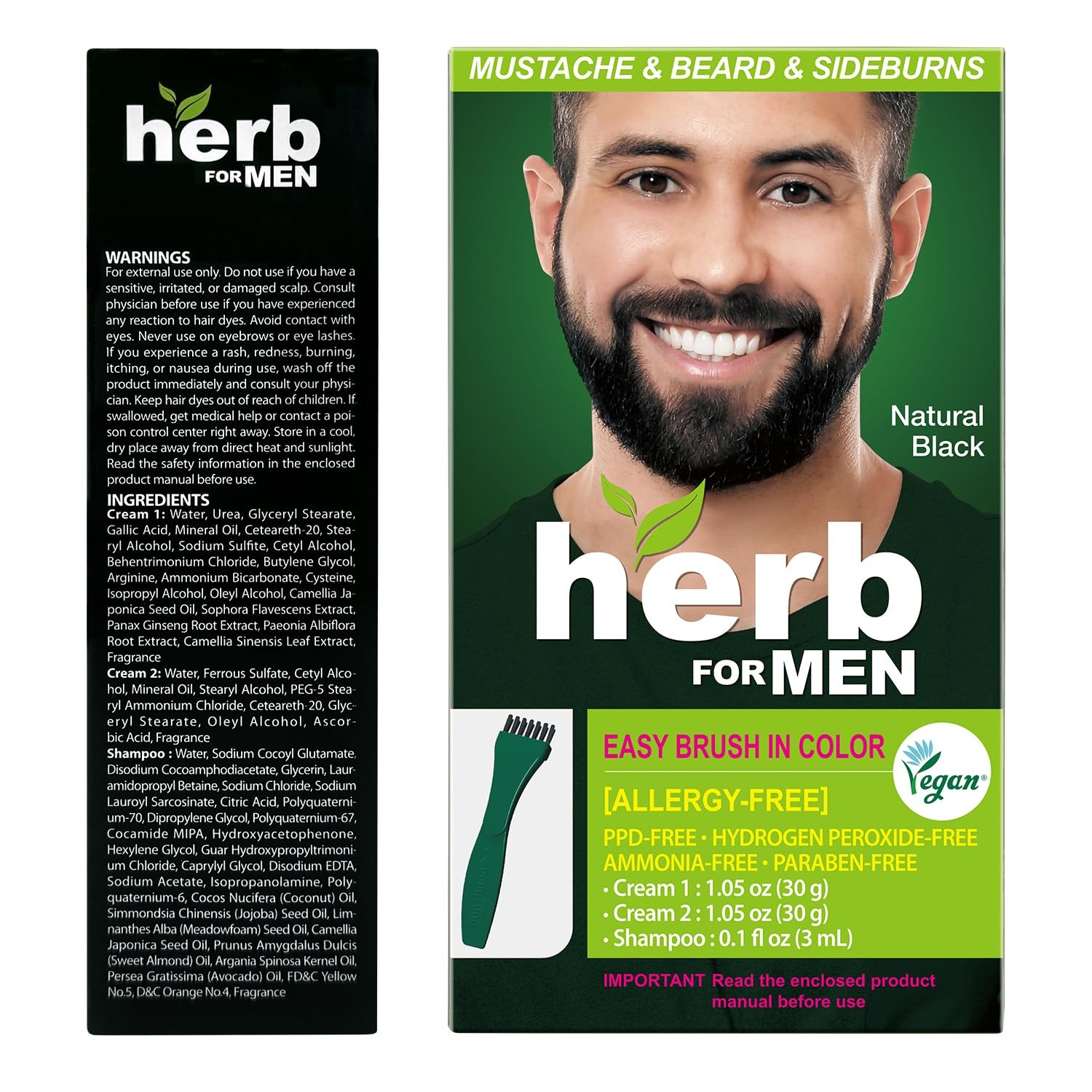 Herb For Men Mustache & Beard Dye (Nature Black, 1 Pack), PPD-Free Ammonia-Fr...
