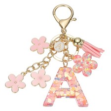 Alphabet A Tassel Cherry Blossom Initial Letter Keychain Pink, Pack of 1