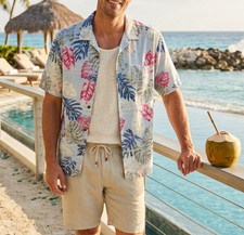 Tommy Bahama Silk Hawaiian Shirt Mens Size Medium Tropical Palm Leaves Aloha